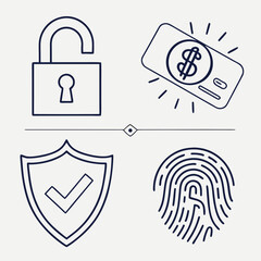 A collection of four simple line art icons representing security concepts including an unlocked padlock a credit card with a dollar sign a shield with a checkmark and a fingerprint