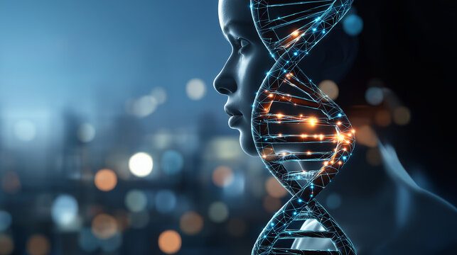 Digital wireframe of human genome with highlighted disease associated regions faceless genetic counseling visualization defocused family pedigree charts background hereditary