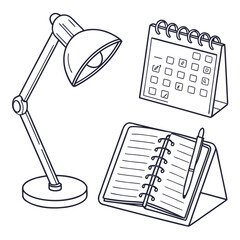 A simple line drawing of a desk lamp a spiral bound notebook with a pen and a desk calendar representing study and organization for work or school tasks