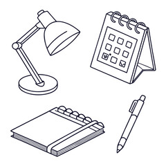 A simple line art illustration of essential desk items including a desk lamp a spiral bound notebook a desk calendar with checked dates and a ballpoint pen all isolated on a white background