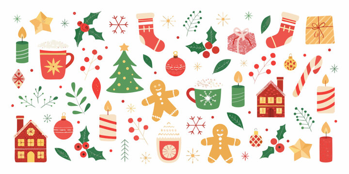 Whimsical christmas pattern with gingerbread men ornaments and festive decorations