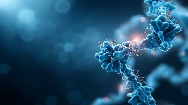 Crystalline protein structure model with alpha helices and beta sheets faceless structural biology visualization defocused X ray crystallography data background drug target