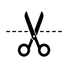Solid Black Minimalist Scissors with Horizontal Dashed Cut Line Icon on White Background
