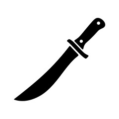 A single solid black icon depicting a curved knife with a hilt and handle, presented diagonally on a clean white background.