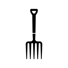 Solid Black Garden Fork Icon with D-Handle, Flat Design on White Background