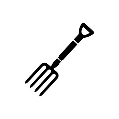 Solid black flat vector icon of a garden fork with a D-handle and four prongs, angled diagonally on a pure white background.