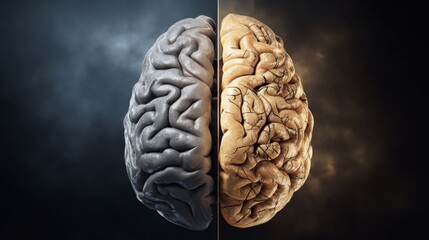 Detailed Exploration of Human Brain Divide Showcasing Gray Matter and Natural Texture with Dramatic Background for Cognitive Science Themes