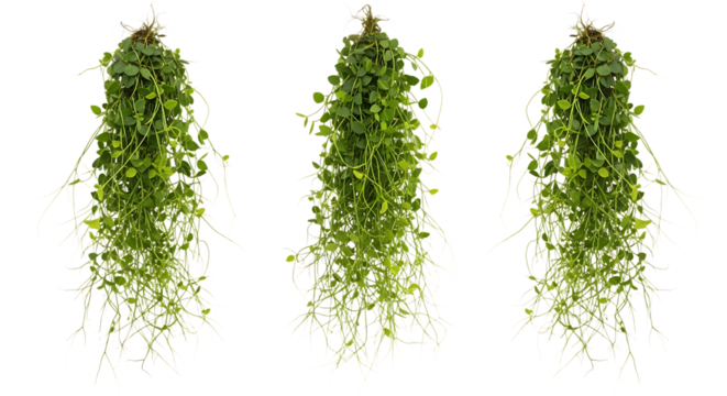 Three vibrant green trailing plants with delicate round leaves and extensive root systems, ideal for botanical design & decor.
