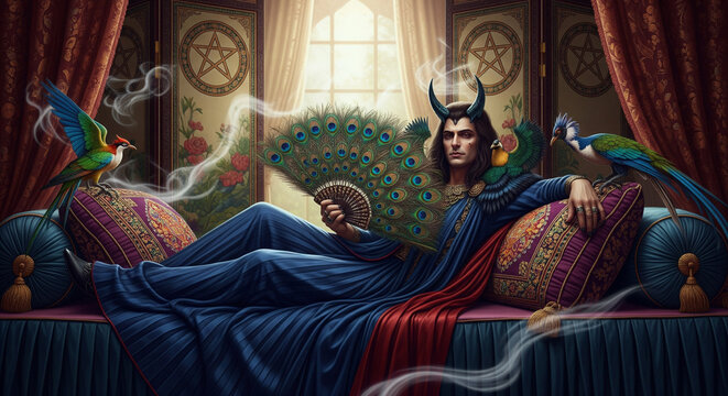 Regal horned deity relaxing luxuriously with peacocks and occult symbols.
A richly detailed illustration portraying a regal, androgynous figure with horns and a knowing expression