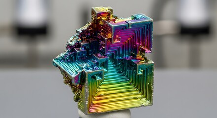 Iridescent Bismuth Crystal Colorful Mineral Formation Close-Up