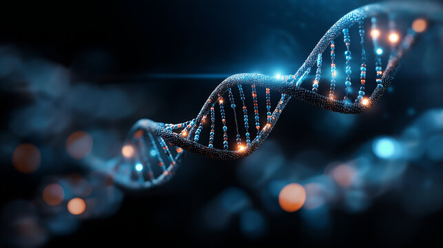 Flowing streams of ATCG nucleotide letters forming DNA sequence faceless bioinformatics visualization defocused genome annotation pipeline background computational sequence anal