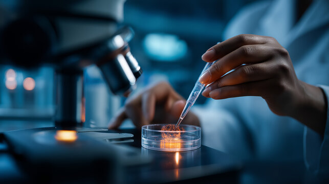 Faceless scientist injecting CRISPR Cas9 construct into microscopic embryo defocused microinjection apparatus background gene editing procedure knockout mouse generation