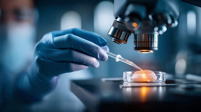 Faceless scientist injecting CRISPR Cas9 construct into microscopic embryo defocused microinjection apparatus background gene editing procedure knockout mouse generation