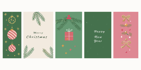 Collection of festive holiday greeting cards featuring christmas and new year themes with ornaments and gifts