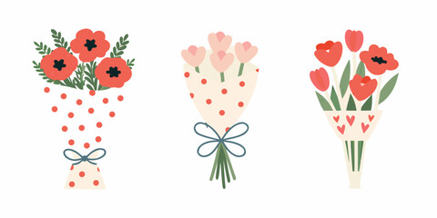 Three charming hand drawn floral bouquets with red poppies and pink tulips in decorative wrapping paper
