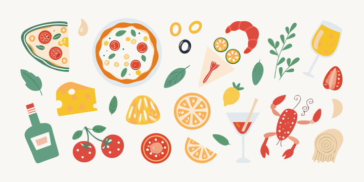A vibrant collection of italian food and drink elements including pizza cheese wine and seafood