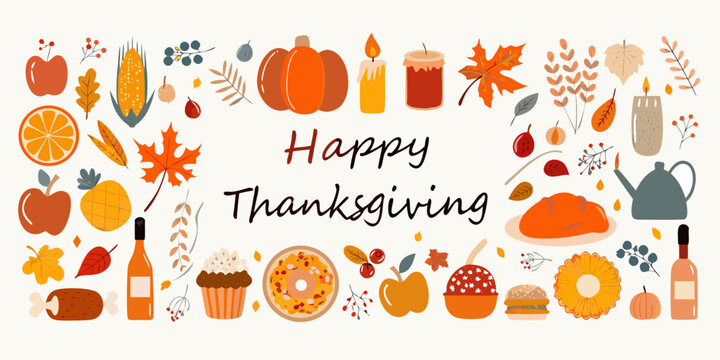 Happy thanksgiving greeting card with autumn harvest decorations and food elements