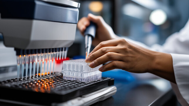 Faceless laboratory assistant loading automated liquid handling robot defocused high throughput screening facility background 384 well plate processing drug discovery automation