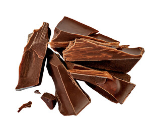 Isolated Chocolate bar pieces falling on white background. HighQuality Milk Chocolate explosion crumbs and shavings  Top view. Flat lay. Macro