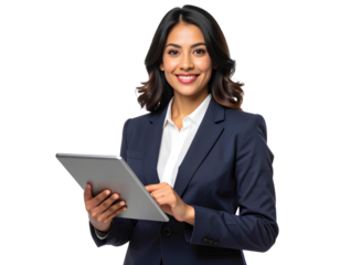 Businesswoman using a digital tablet. Isolated on transparent background.