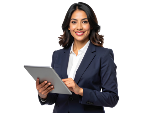 Businesswoman using a digital tablet. Isolated on transparent background. - Powered by Adobe