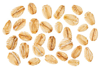 Isolated  Oat flakes falling on white background. High-Quality Rolled Oat flakes Collection Top...