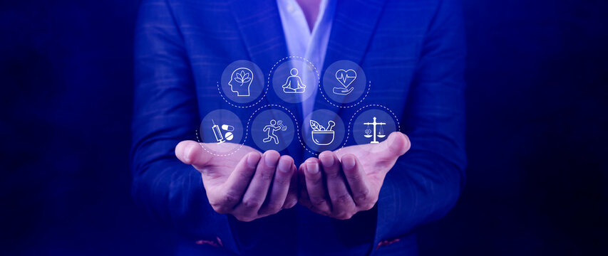 Wellness longevity and Holistic Concept. health care, including mental wellbeing, fitness, nutrition, sleep, relationships and financial balance, Personal development and balance.