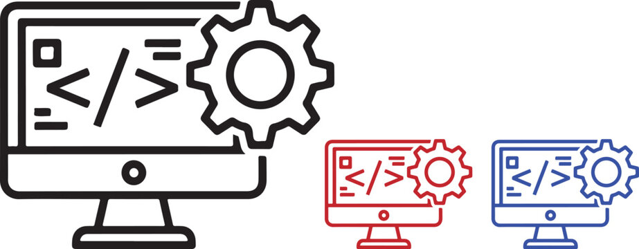 Computer screen with code symbols and gear icon for software development and engineering