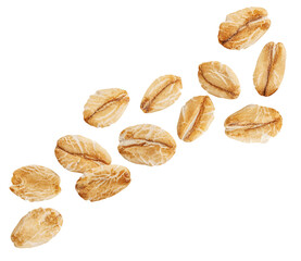Isolated  Oat flakes falling on white background. High-Quality Rolled Oat flakes explosion Top view. Flying oats Flat lay 