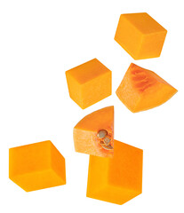 Flying Pumpkin pieces isolated on white. Pumpkin Explosion. Levitating  Pumpkin pieces withseeds. Top view. Flat lay 