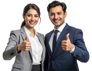 Happy business colleagues, a man and a woman, giving thumbs up, isolated on transparent background.
