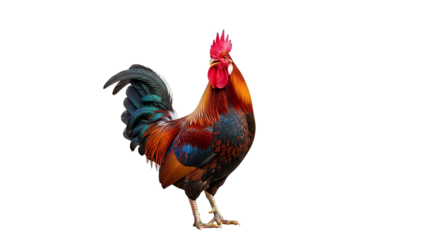 Majestic colorful rooster standing alert with vibrant plumage, red comb, and iridescent tail feathers on clean background.