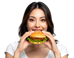 Happy woman eating hamburger isolated on transparent background.