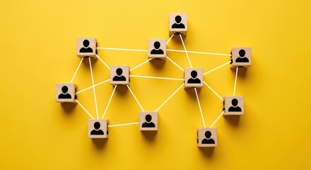 Wooden blocks with user icons connected by glowing lines on yellow.
