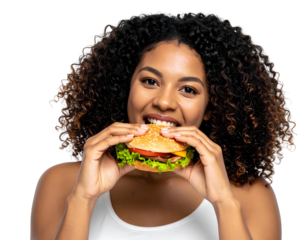 Happy woman eating hamburger isolated on transparent background.