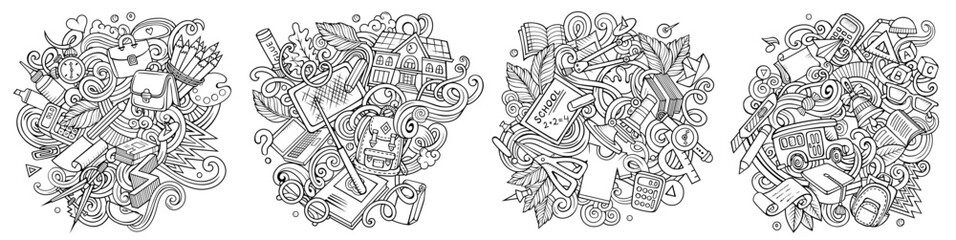 School cartoon vector doodle designs set.