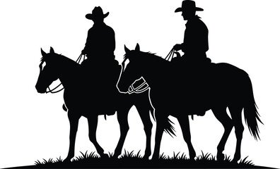 Cowboy horse rider silhouettes, western scene vector, black equestrian design, outdoor adventure illustration, rural landscape art, country riding concept