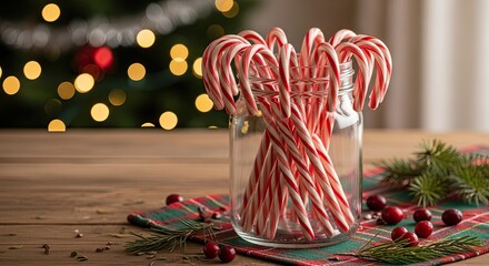 Festive Red and White Candy Canes in a Jar with Christmas Tree Lights Background