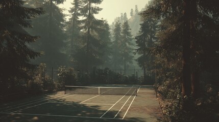 Serene Tennis Court Surrounded by Majestic Pine Trees in a Tranquil Forest Setting Under Soft Morning Light