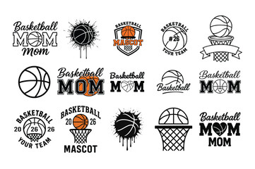 Basketball Mom Mascot Logo Bundle, Sports Team Emblems, Hoop and Ball Vector Set