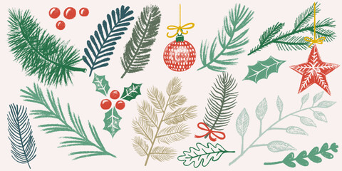 Set of Christmas and New Year party decorations drawn with crayon and charcoal. Hand drawn doodle festive ornaments isolated on white background for holiday greeting cards and decoration design.