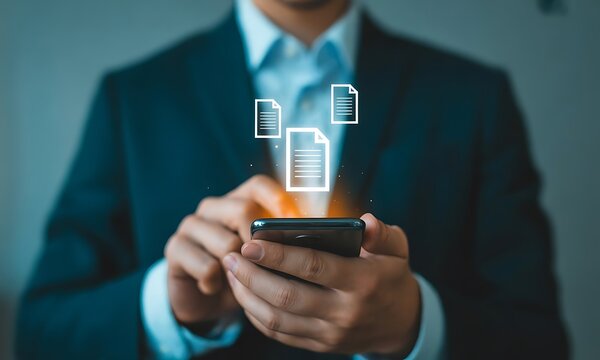 Businessman using smartphone with digital trash bin icon and deleting files representing data management cybersecurity privacy storage cleanup document removal and information security concept. file