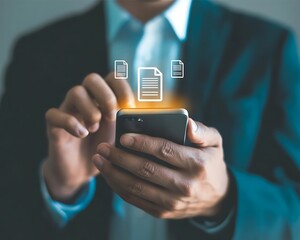 Businessman using smartphone with digital trash bin icon and deleting files representing data management cybersecurity privacy storage cleanup document removal and information security concept. file