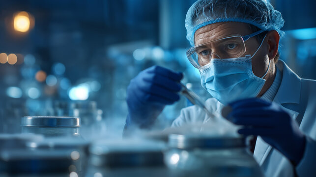 Faceless scientist's reflection in protective face shield while handling liquid nitrogen defocused cryogenic storage dewars background biobank sample preservation stem cell bank