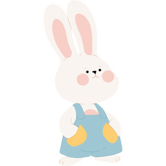 Adorable White Cartoon Bunny Rabbit Wearing Blue Overalls with Yellow Pockets and Pink Cheeks