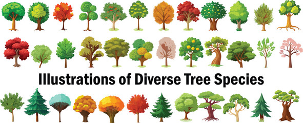Diverse Tree Species Vector Illustrations Plant Nature Set
