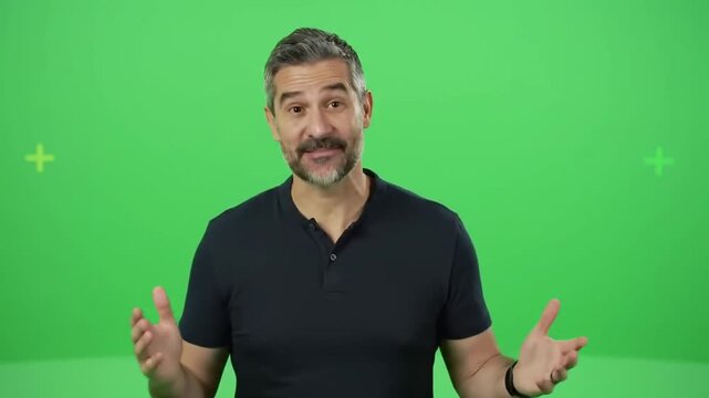 Man gesturing and talking in front of a green screen background, suitable for video editing and overlaying custom backgrounds or effects