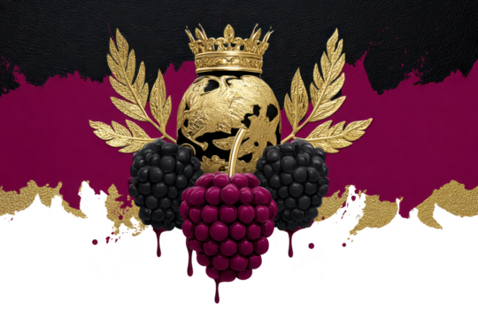 Golden crown and laurel leaves surround decorative globe, with ripe blackberries and raspberry dripping juice, set against rich burgundy and gold background, evoking luxury and royalty