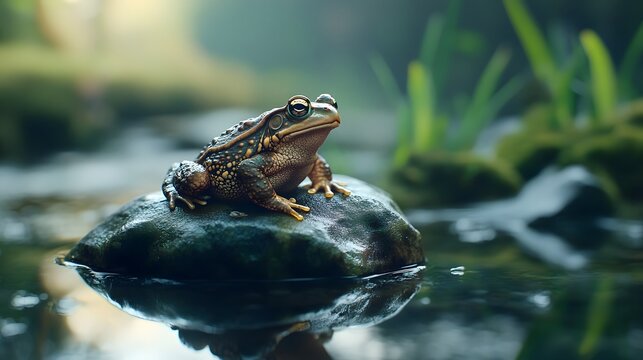 Small brown frog with yellow spots on a dark wet rock Photo - Powered by Adobe