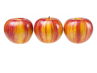 Three fresh red and yellow apples with striped skin pattern, isolated on transparency background, healthy fruit, natural produce, perfect for diet and nutrition concepts